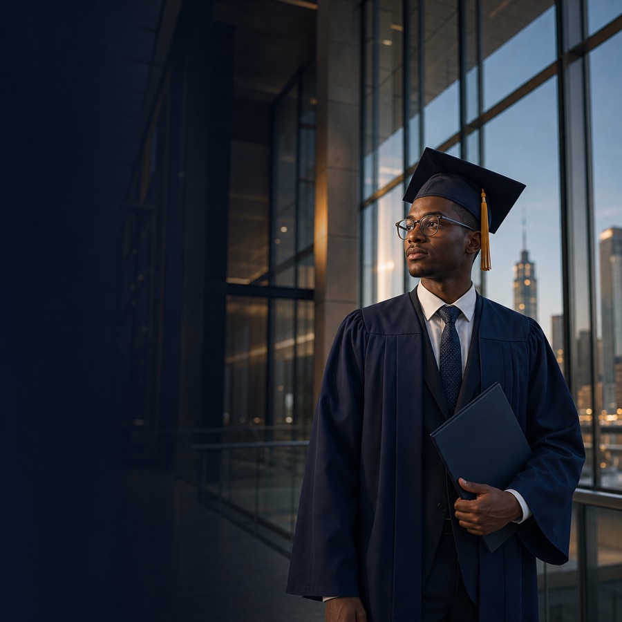 Graduate holding a diploma in a modern academic setting