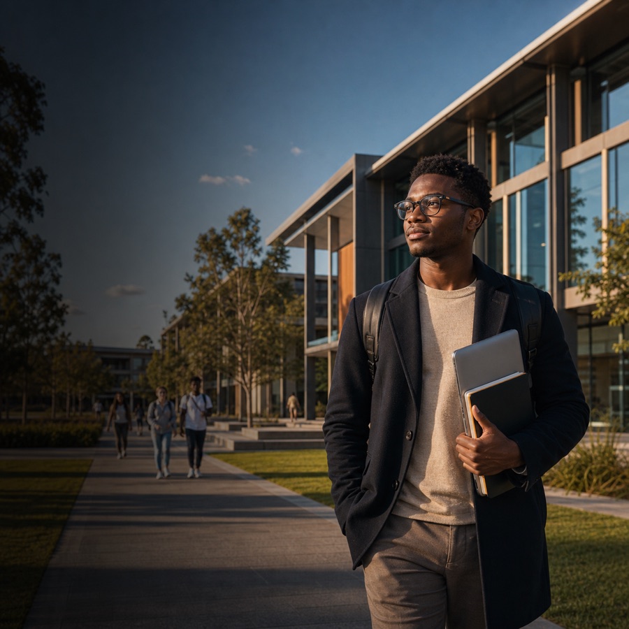 Student on an Australian campus with study materials