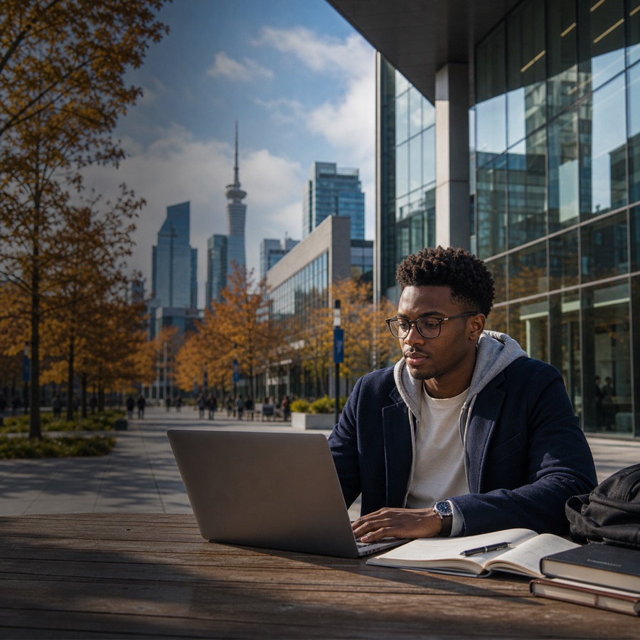 Student studying in a Canadian city campus environment