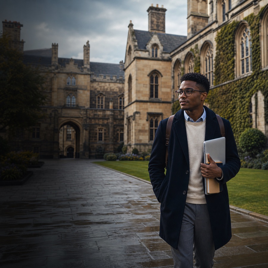Student walking through a United Kingdom campus setting