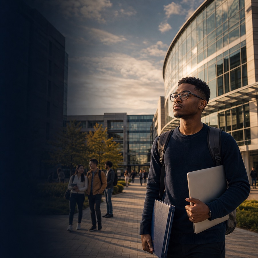 International student standing on a modern global campus