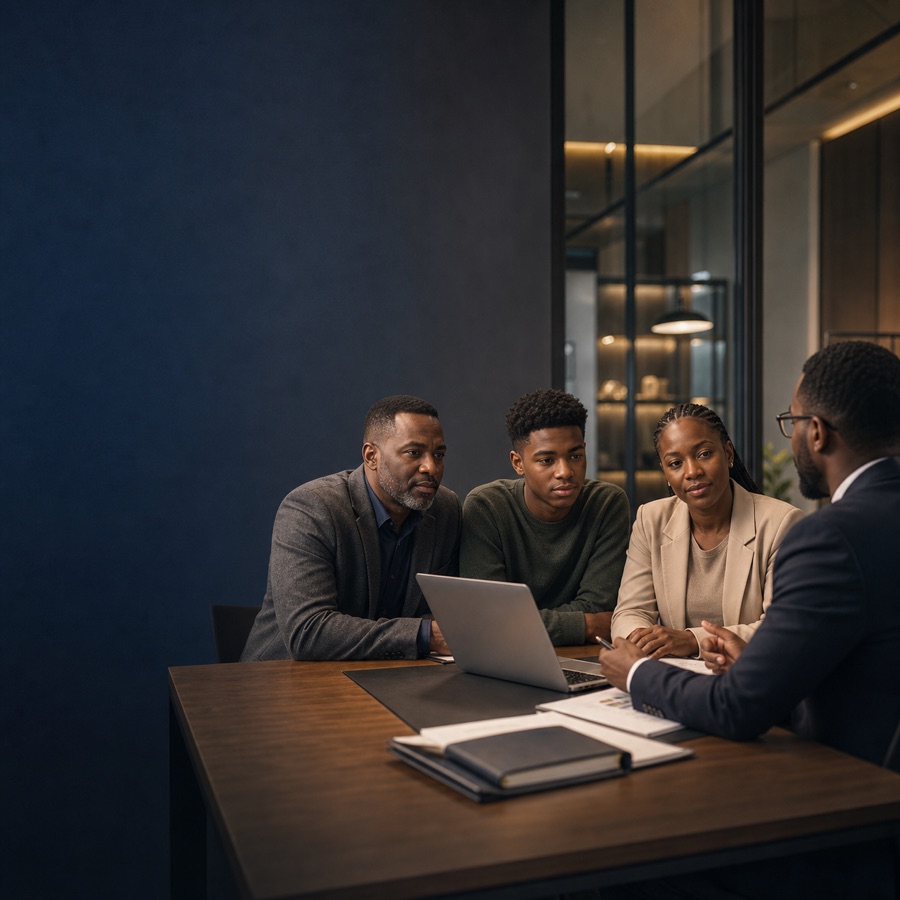 Parents and a student in a study-abroad consultation with a SIFE advisor
